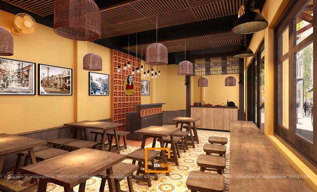 thiết kế nội thất nhà hàng thô mộc