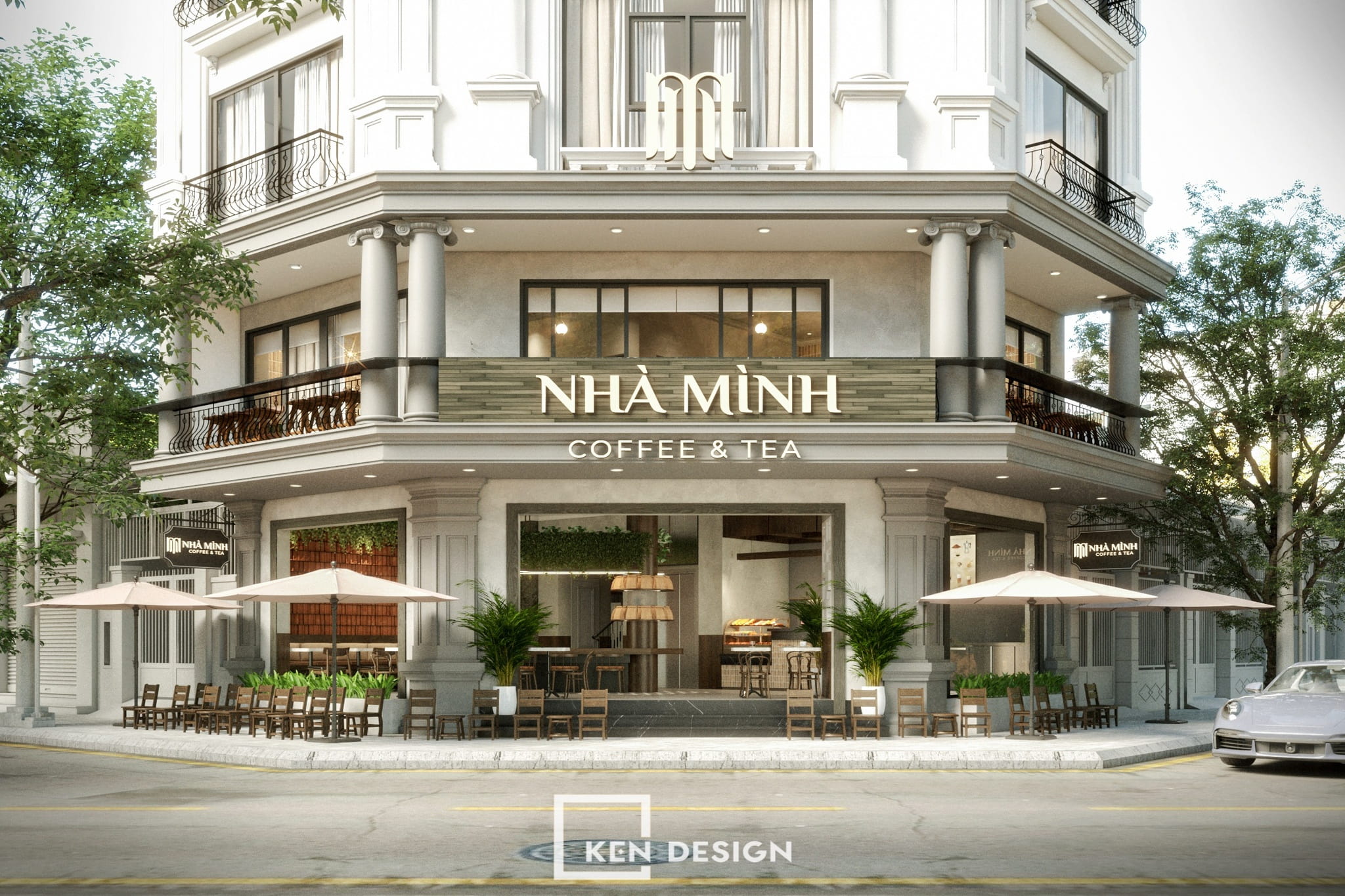 mẫu thiết kế quán cafe 2 mặt tiền với ô dù và ghế gỗ trên vỉa hè