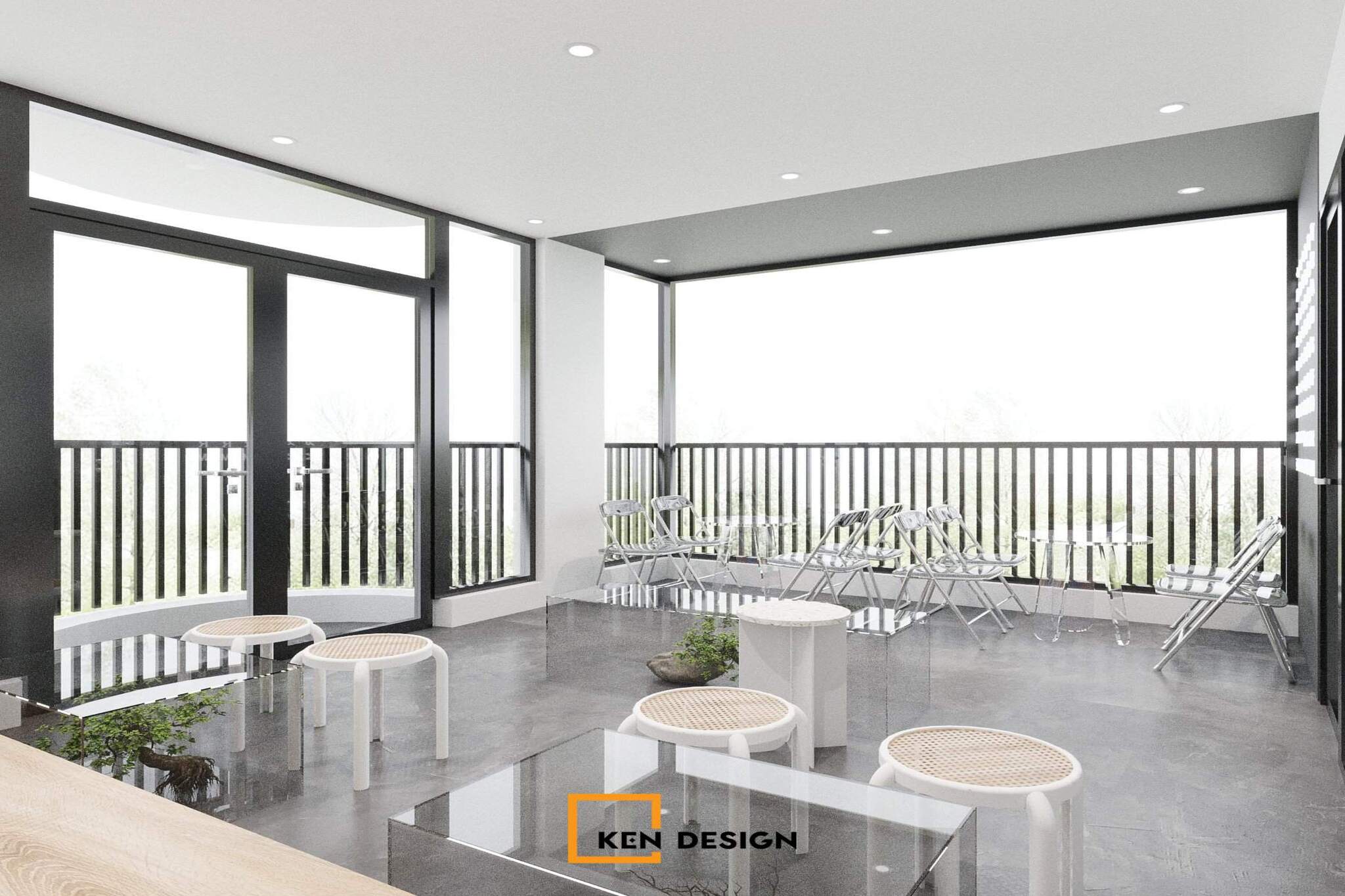 Quầy order sáng màu trong quán cafe căn góc tối giản