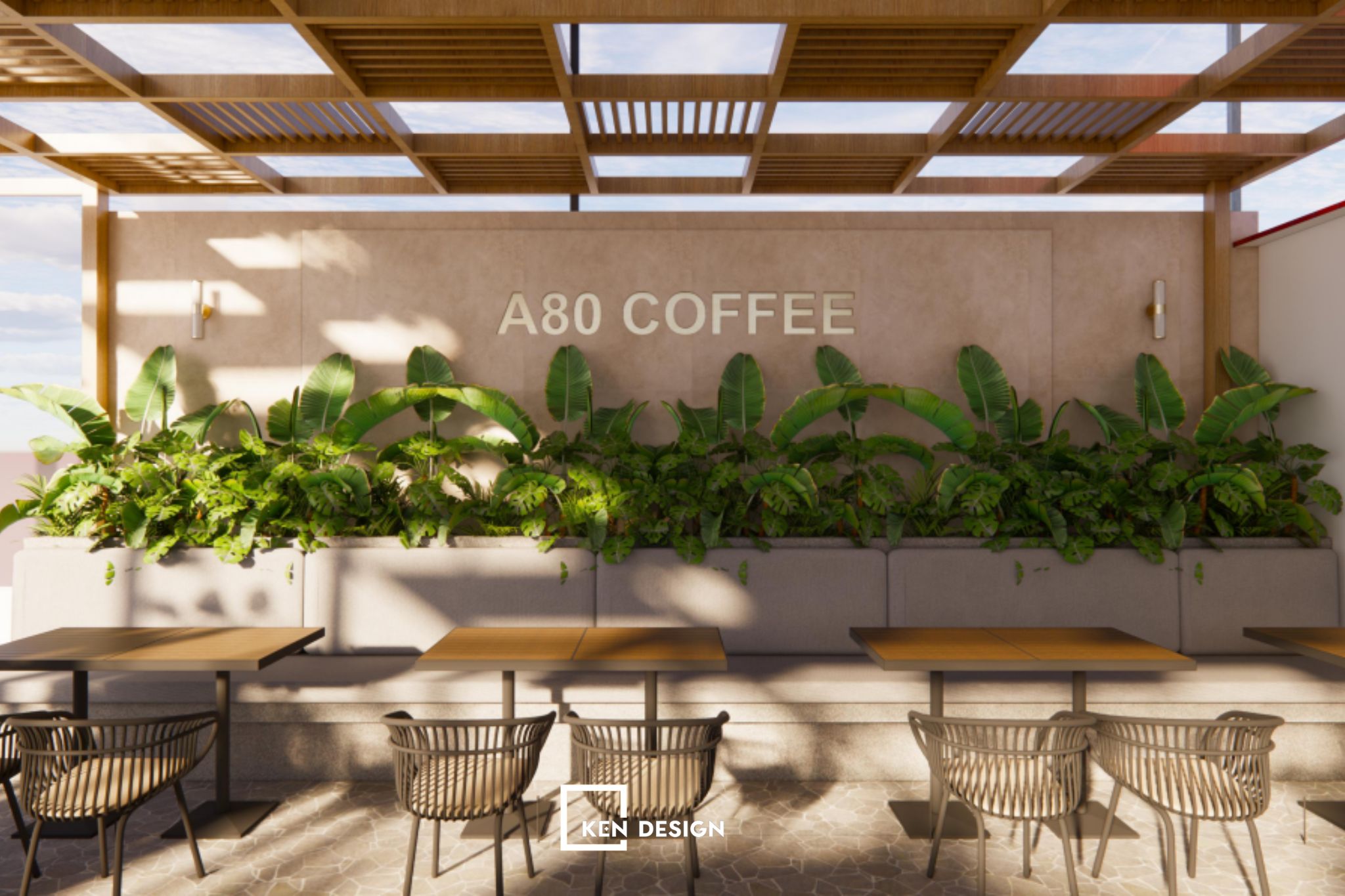 giàn pergola gỗ che nắng và hàng cây xanh tận dụng sân thượng trong thiết kế quán cafe phong cách trẻ