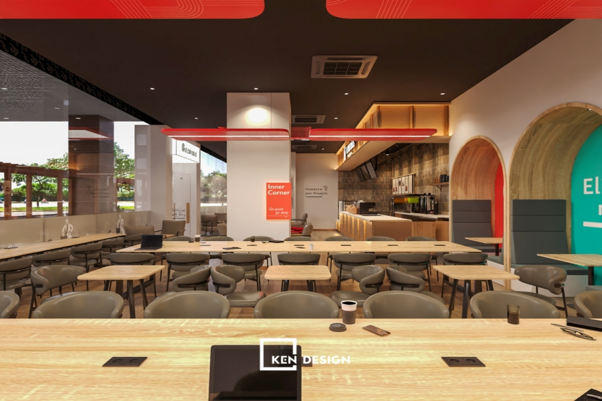 bàn dài có ổ cắm âm mặt bàn đúng nhu cầu khách trong thiết kế quán cafe phong cách trẻ
