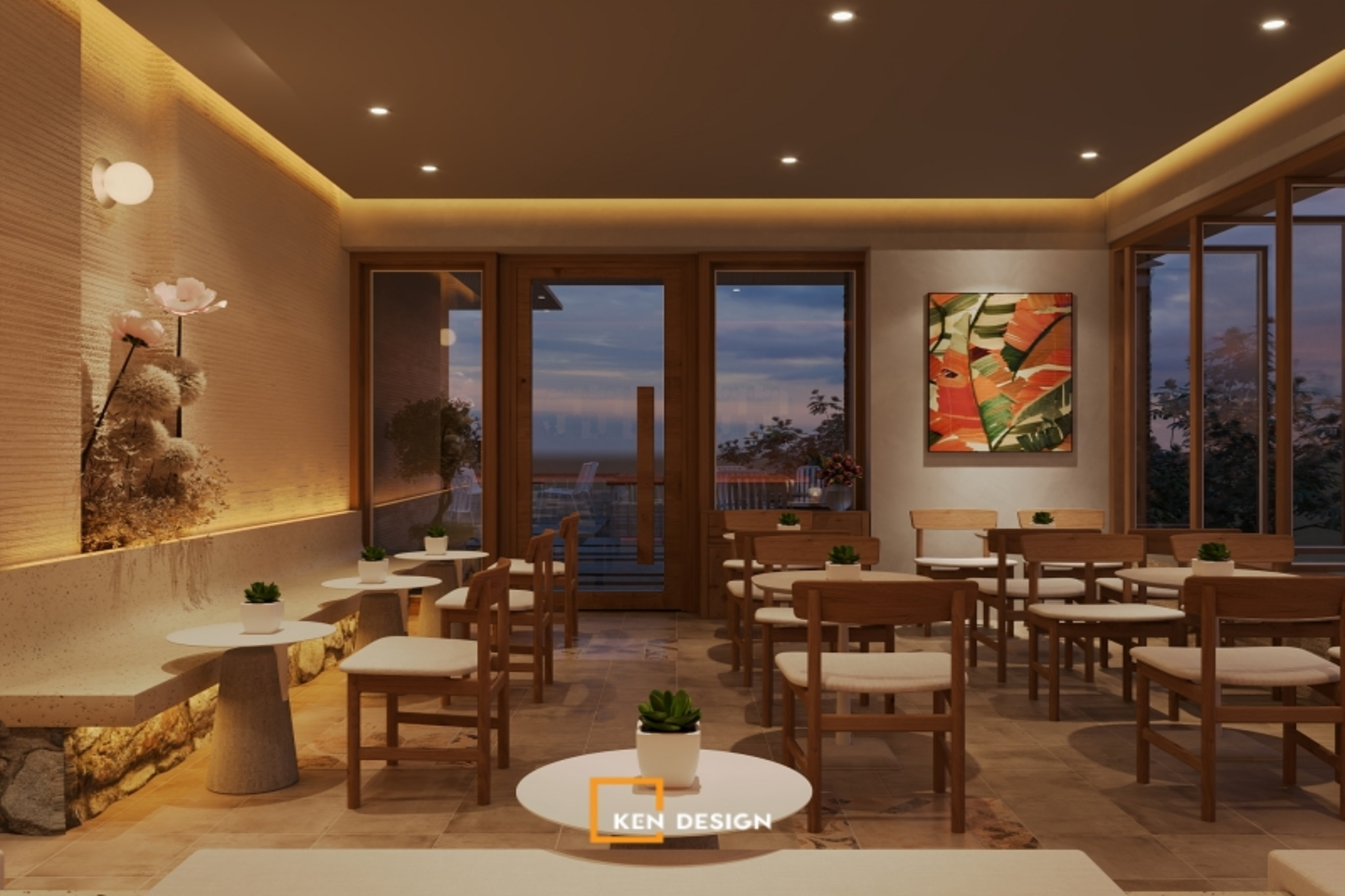 ánh sáng ấm hắt trần và tường texture tạo không khí trong thiết kế quán cafe phong cách trẻ