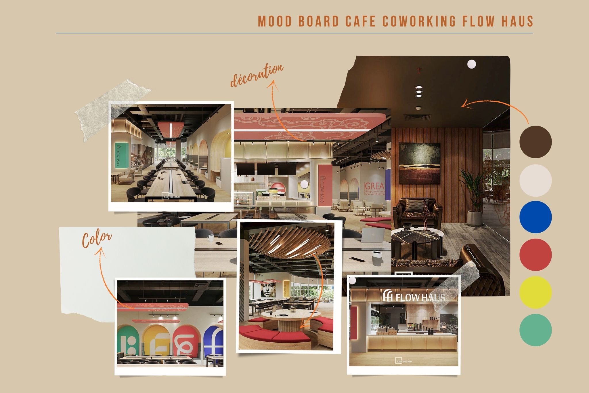 mood board gồm hình tham chiếu và bảng màu để chốt concept thiết kế quán cafe phong cách hiện đại