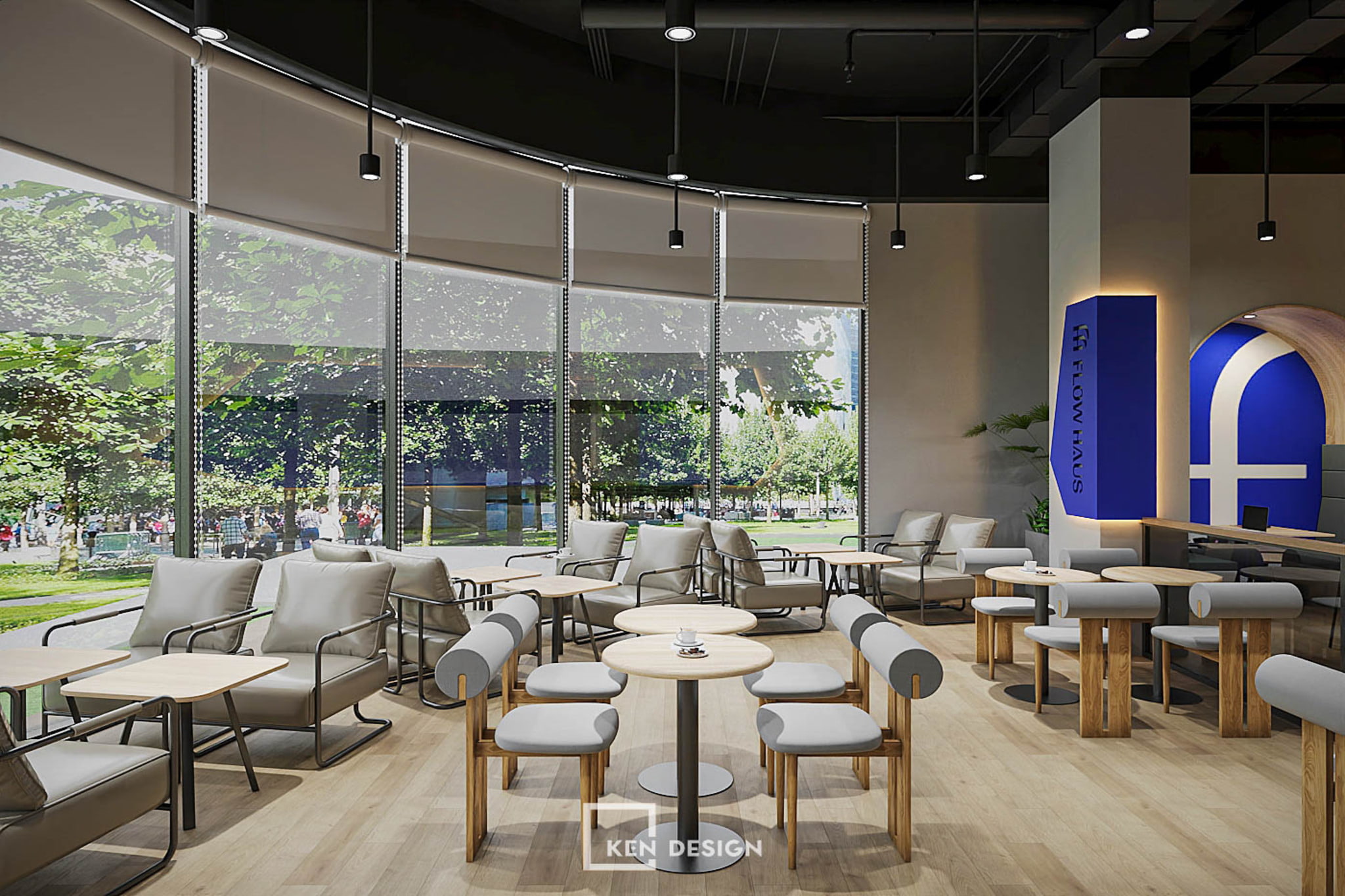 vách kính cong có rèm cuốn lấy sáng tự nhiên cho khu ngồi trong thiết kế quán cafe phong cách hiện đại