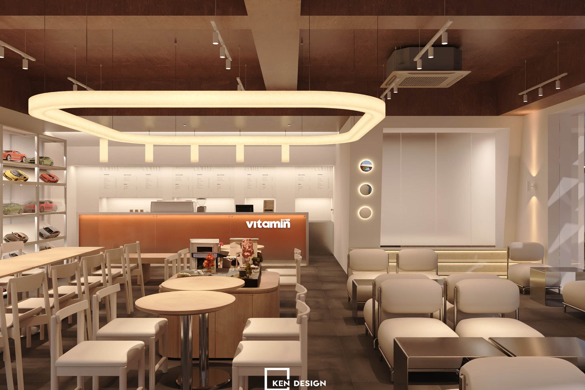 quầy pha chế tông cam làm điểm nhấn giữa nội thất kem gỗ trong thiết kế quán cafe phong cách hiện đại