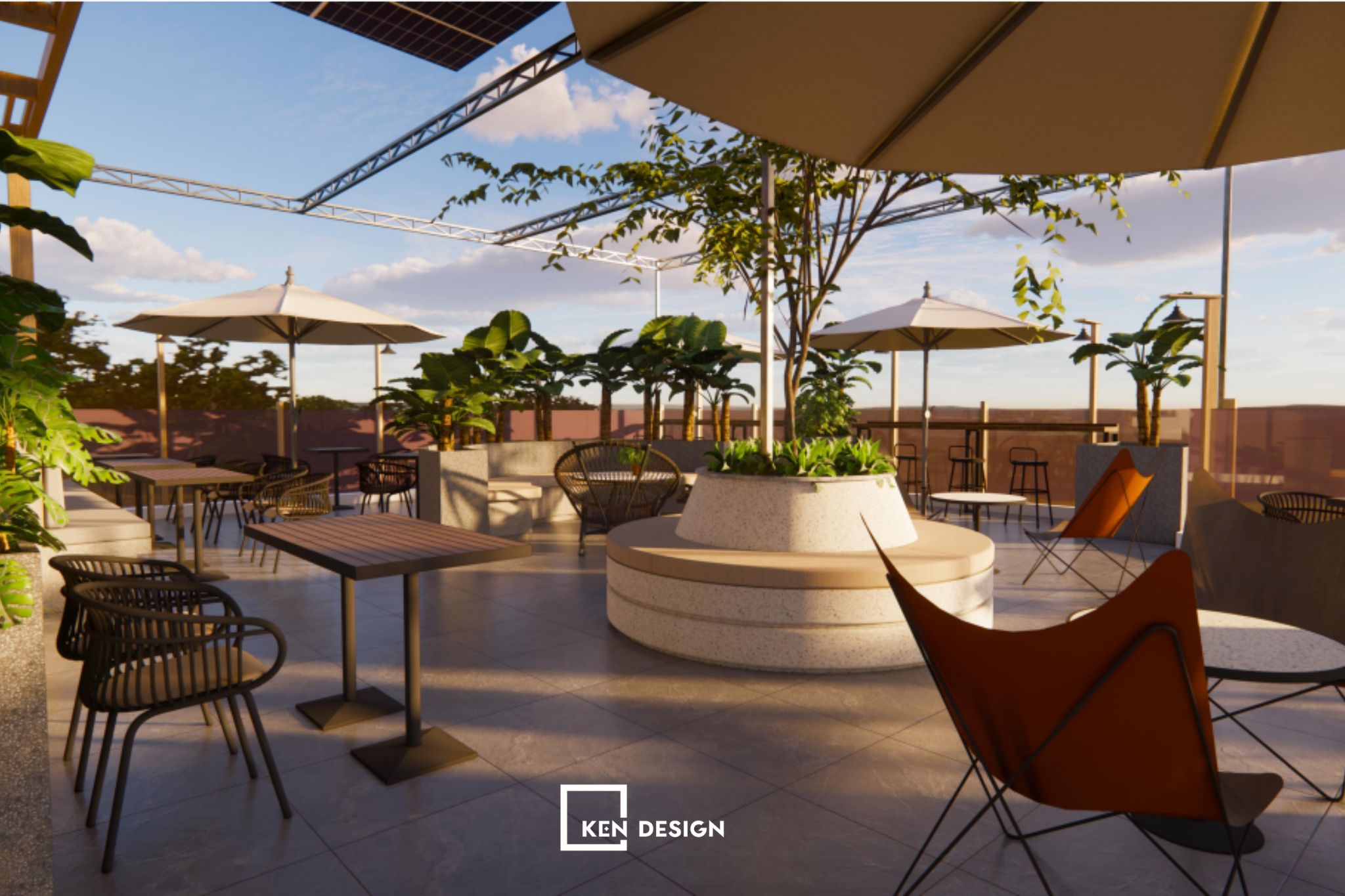 sân thượng có bệ ngồi tròn quanh cây xanh và ô dù lớn của quán cafe phong cách hiện đại