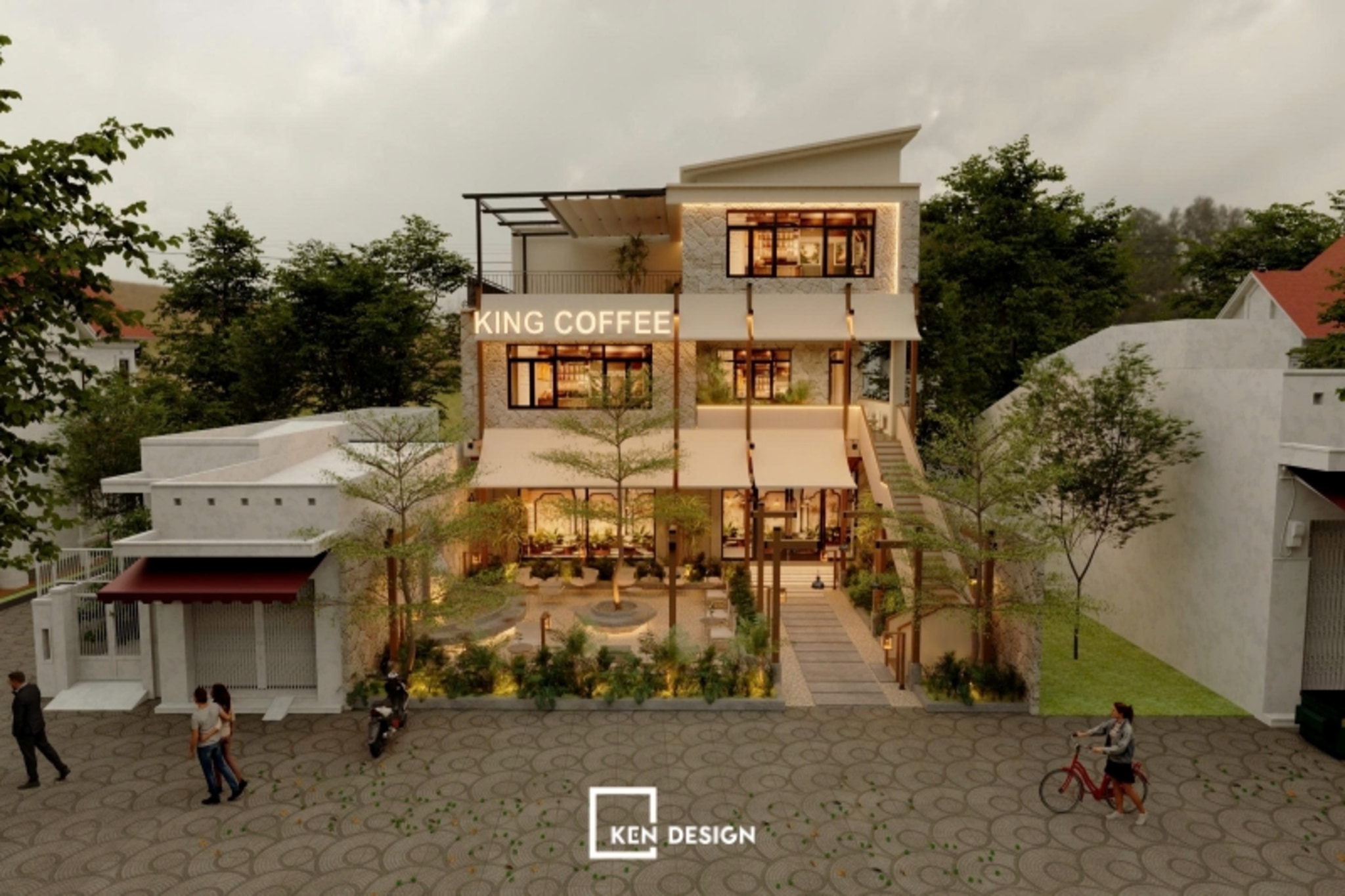 nhà phố ba tầng có sân vườn là kết quả của quy trình thiết kế quán cafe phong cách hiện đại